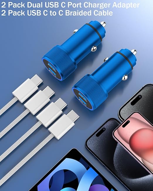 iPhone Car Charger Fast Charging,iPhone 16 Car Charger 2PACK Dual USB C PD3.0 Port CarCharging Adapter and USB C to C Braided Nylon Charging Cable Compatible with iPhone 16/16 Pro Max/15/iPad(Blue)