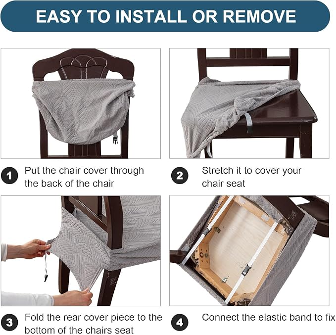 Removable Washable Dining Chair Seat Covers Set of 6,Stretch Jacquard Chair Seat Cushion Protector Slipcovers, Rear Covers