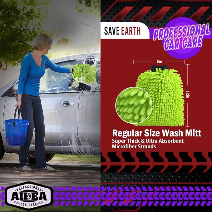 AIDEA Car Wash Mitt Microfiber, 4PK,Car Wash Brush, Green 8''X12'' | Scratch Free Lint-Free, Premium Chenille Microfiber Mitt, Cleaning Supplies, Extra Large Size