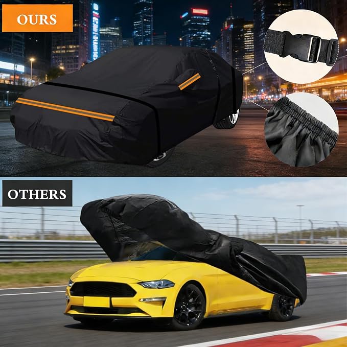 600D Heavy Duty Car Cover Custom Fit for Sedan Length 175-185 inches, Waterproof Outdoor Full Car Cover with Door Zipper, Windproof Snowproof Hail Protection, Black