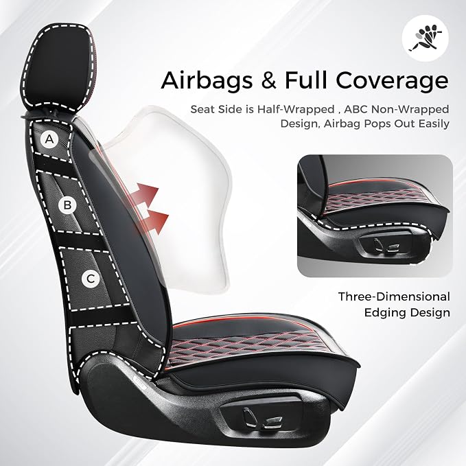 Huidasource Car Seat Cover Universal Fit for Most Cars, Vans,Trucks,SUVs, Seat Covers Nappa Faux Leather, Car Seat Covers Protector Front & Split Bench Rear Velcro Adjustment (Full Set/Black&Red)