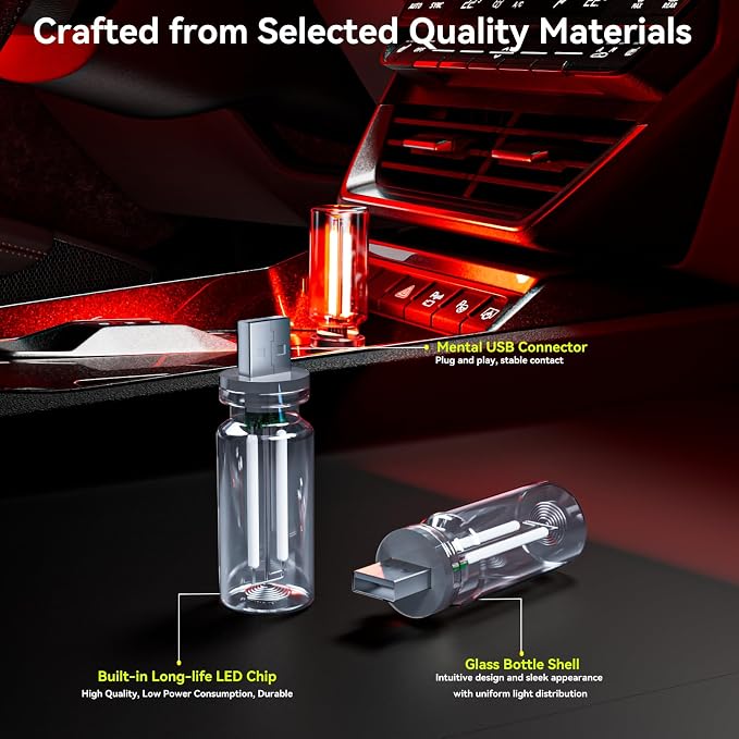 4 PCS USB Night Light Bulb, Touch Dimmable Retro Car Interior Ambient Light | Portable Glass Bottle Design Chubby Glow Light for Car, Truck, 2 Red and 2 Blue Ambient Lighting
