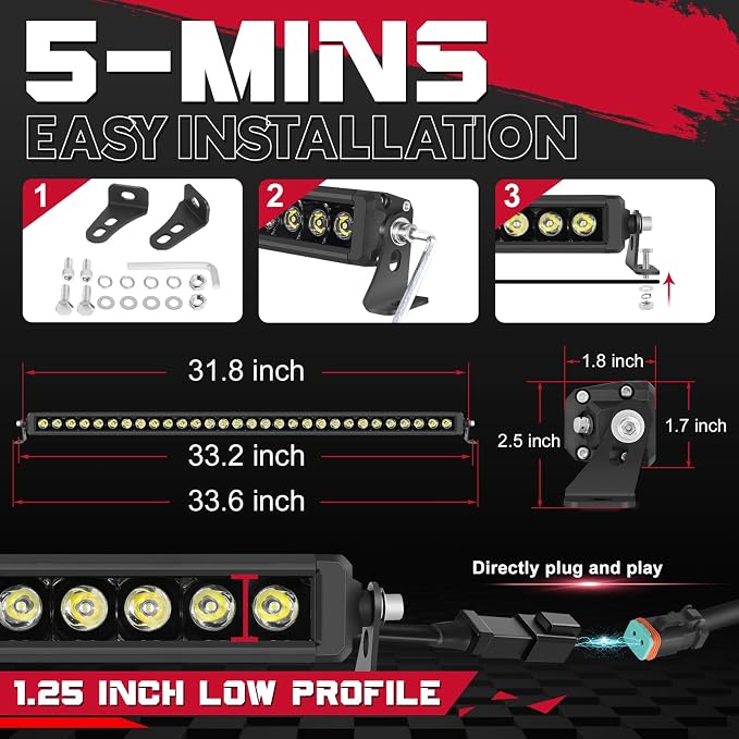 OFFROADTOWN 30 Inch 300W LED Light Bar Single Row Off Road Driving Lights Spot Bumper Grille Bars Slim LED Work Light with Wiring Harness for Truck Pickup UTV SUV Toyota RZR