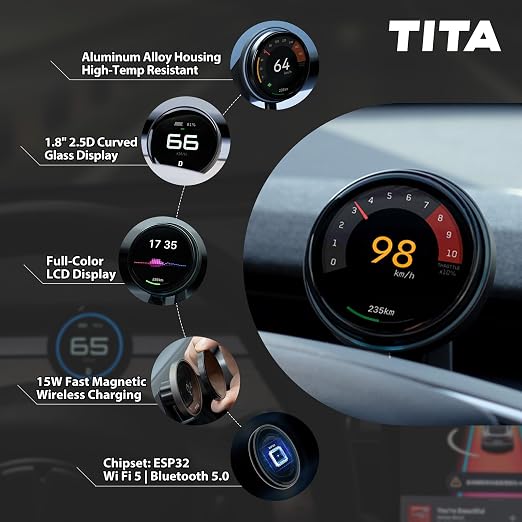 TITA HUD Pro Head Up Display for Tesla Model 3/Y/Highland/Juniper (2022-), Real-Time Speed & Driving Data, 1.8" LCD Screen, with Magnetic Charging Mount (Model Y Juniper)