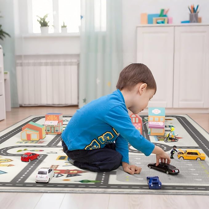 Nayoroom Kids Town Road Playroom Rug, Faux Wool Car Map, Non-Slip, 4 x 6 ft | Interactive town road map; Community scenes; Soft faux wool surface; Non-slip backing; Easy-care room accent