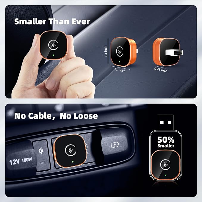 【2026 Upgarded】 Wireless CarPlay Adapter for iPhone, Mini USB Design for Cars with Wired CarPlay, Fast Connection,5.8GHz WiFi, Compatible with iOS 10+ & iPhone 6+, USB/Type C,Plug and Play(Orange)