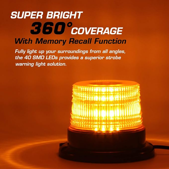 LINKITOM LED Strobe Light, 12V-24V Amber 40 LED Warning Safety Flashing Beacon Lights with Magnetic and 16 ft Straight Cord for Vehicle Forklift Truck Tractor Golf Carts UTV Car Bus