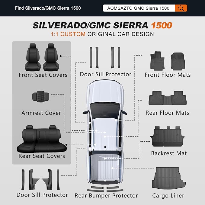 AOMSAZTO Truck Seat Covers for Chevy Silverado/GMC Sierra 1500 (2007-2013) 2500HD/3500HD (2007-2014) - Black/Light Gray Faux Leather Car Seat Cover Full Set(Rear 40/60 Split for Crew Cab)