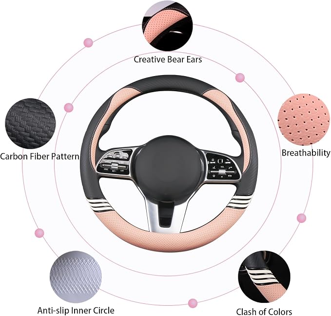 15 inch Cute Leather Steering Wheel Cover Black and Pink | Breathable Non-Slip Faux Leather and Carbon Fiber Car Accessories for Women Men Universal 14.5 inch to 15 inch