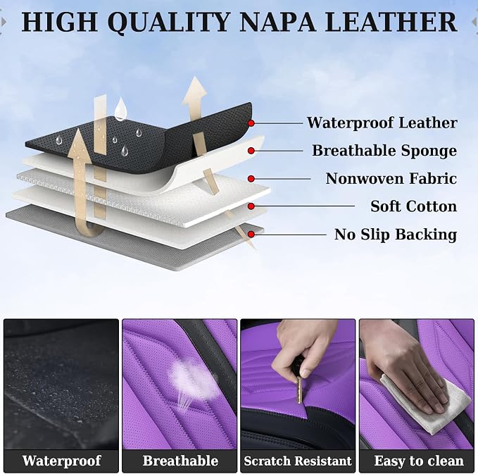 Coverado Car Seat Covers Full Set, Car Seat Protectors Leather Seat Covers for Cars, Automotive Seat Covers Car Accessories Universal Fit for Most Sedans SUV Pick-up Truck(Black&Purple)