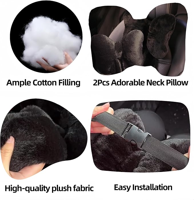Car Neck Pillow 2PCS Plush Bowknot Car Headrest Pillow – Comfortable Neck Support for Driving Soft Touch Fabric Car Pillow Cute Interior Decor (Black Set 4 Pcs)