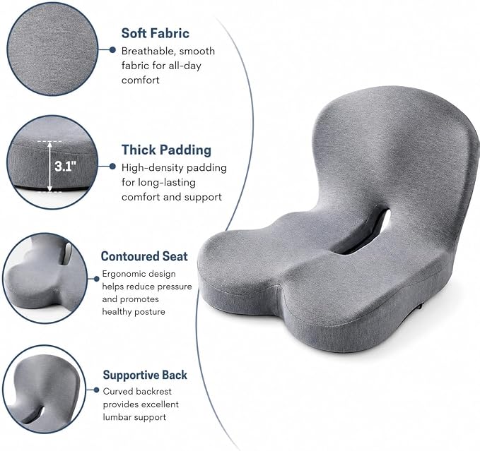 Orthopedic Memory Foam Car Seat Cushion for Sciatica & Back Pain Relief - Ergonomic Non-Slip Office Chair Cushion & Car Cushions for Long Driving with Lumbar Support, Universal Fit (Black)