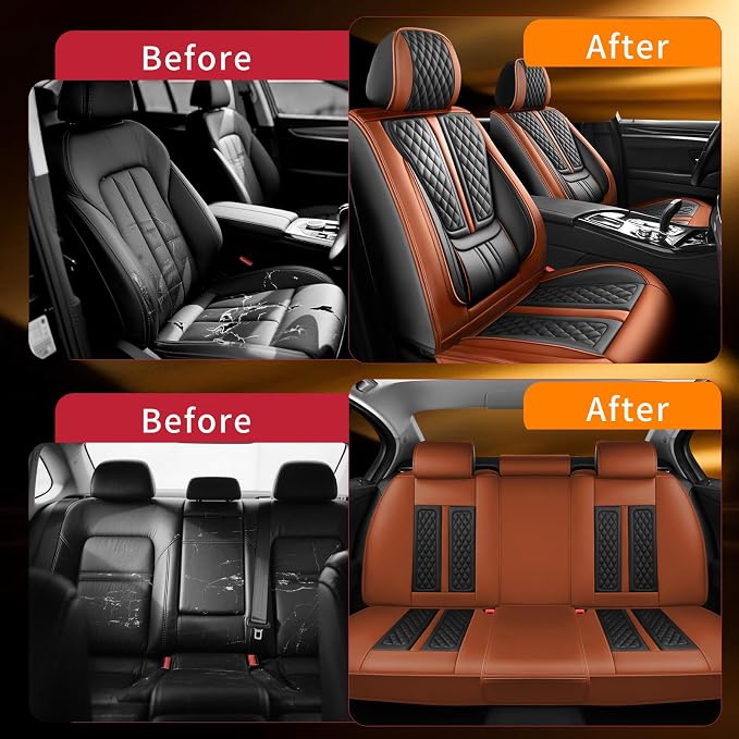 Fit Titan Car Seat Covers Compatible with Nissan Titan 2009-2024 2025 2026.Full Coverage Waterproof Leather,All-Weather Seat Cushion Protector-Easy Installation(5 Seats Full Set,Brown)