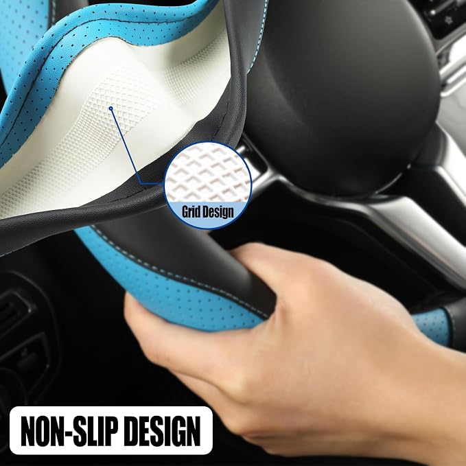 Black Blue Microfiber Leather Steering Wheel Cover 14 inch | Breathable Anti Slip Grip Cool Sporty Look Glow for Women Men