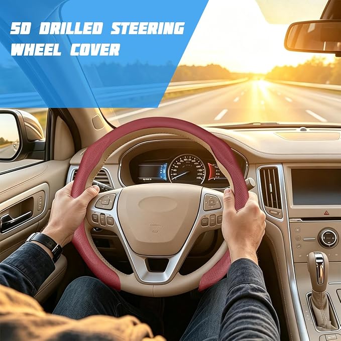 Car Steering Wheel Cover, Comfortable Grip Non-Slip Breathable Vehicle Steering Wheel Protector, Automotive Interior Decoration Accessories, Universal Fit (Red)