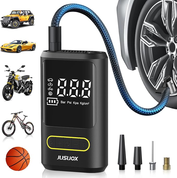 JUSUOX Tire Inflator Portable Air Compressor, Electric Bike Pump with Digital Pressure Gauge, 150 PSI Cordless Air Pump for Car Tires, Motorcycle, Bicycle, Ball with Auto Shutoff, LED Light