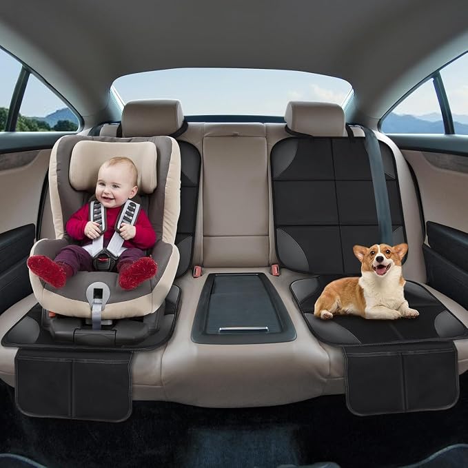 Universal Car Seat Protector - Waterproof Leather Seat Cover with Non-Slip Back & Organizer Pockets, Thick Padding for Child Safety (1, Black)
