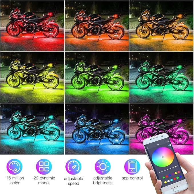 12PCS Motorcycle LED Underglow Kit, App Control Multicolor Motorcycle Lights Underglow Kit Music Sync Waterproof Underglow Compatible with Harley Davidson Honda Kawasaki Suzuki Motorcycles