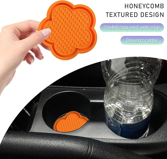 DXNQ 4 PCS Car Cup Coasters, Cute Flower Shaped Car Cup Holder Mat, PVC Waterproof Anti Slip Vehicle Cup Holder Insert Coaster, Universal Car Interior Decor Accessories (Orange)