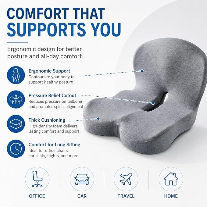 Orthopedic Memory Foam Car Seat Cushion for Sciatica & Back Pain Relief - Ergonomic Non-Slip Office Chair Cushion & Car Cushions for Long Driving with Lumbar Support, Universal Fit (Black)