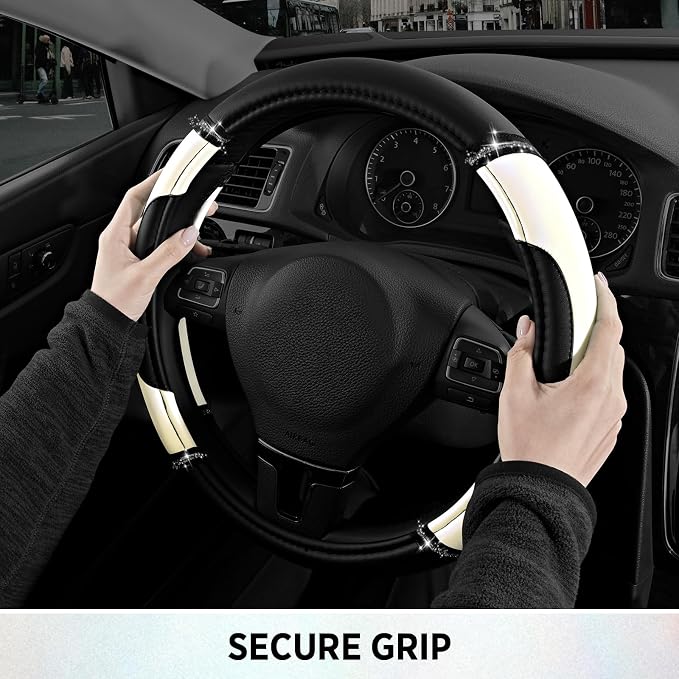 Road Comforts Leather Steering Wheel Cover - Made with PVC Leather - Anti-Slip, Universal Fit 14 1/2 inches to 15 inches - White