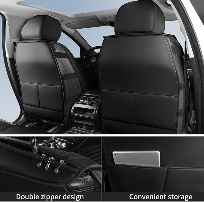 HChengkikz Front Car Seat Cover, Faux Leather, Waterproof (Black + White) | Breathable, Airbag Compatible, Easy Maintenance, Universal Fit for Most Sedans SUVs Pick-ups Trucks