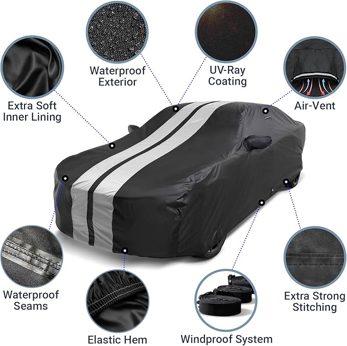 iCarCover Premium Heavy Duty Car Cover - Waterproof All Weather Rain UV Protection, A3, S3, 3-Series, M3, is 300, Grand Am, MX-6, C-Class, GR Corolla, Size C28 (See Size Chart), Stripe - Black/Gray