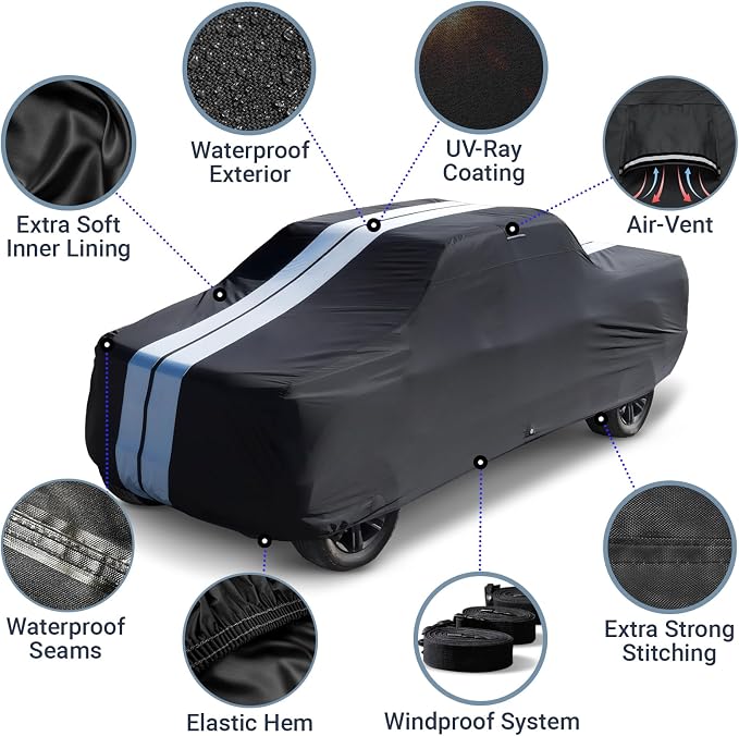 iCarCover Premium Heavy Duty Truck Car Cover - Waterproof All Weather Rain Snow UV Protection, F-150 Extended Cab, F-250, F-350 Crew Cab, Extended Cab, Size T87 (See Size Chart), Stripe - Black/Gray