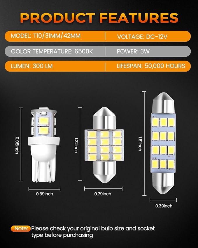 BANGO 24-Piece Interior Car Lights LED Bulb Kit, Non-Polarity Design with Removal Tool for Car Dome Map License Plate Door Trunk, Fits 194 T10 DE3175 578 - White