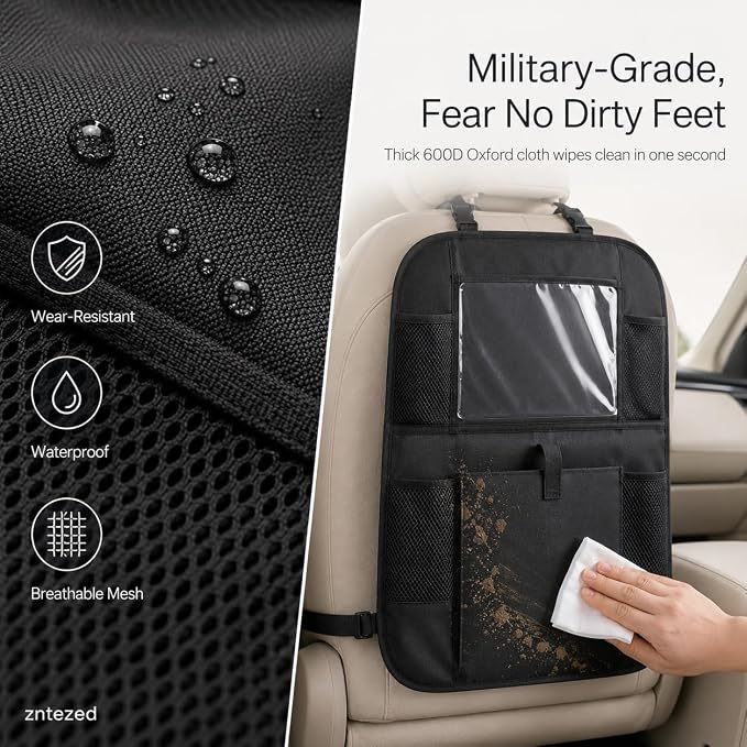 Car Backseat Organizer with 12 Storage Pockets, 12" Touch Screen Tablet Holder, Waterproof Kick Mats Seat Protector, Car Organizers and Storage for Kids, Road Trip Essentials(2 Pack,Black)