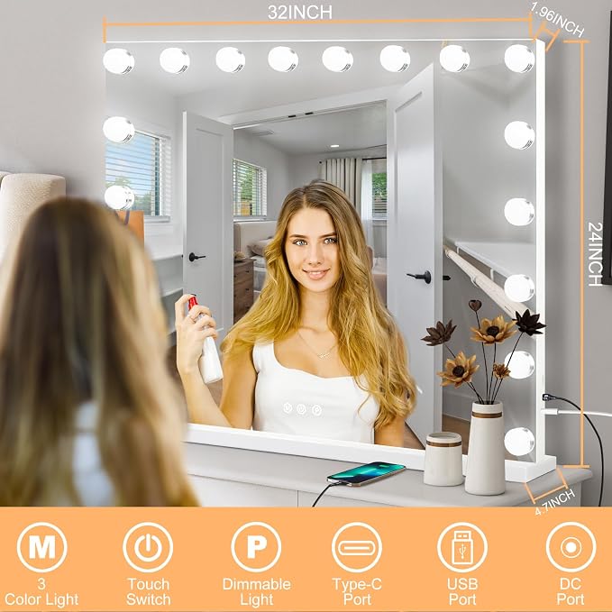 Moonee Vanity Mirror with Lights, Hollywood Lighted Makeup Mirror with 18 Dimmable Bulbs and 10X Magnification, 3 Colors Modes, Light Up Mirror, Gifts for Women, Girls,Dorm Room Essentials(32" x 24")