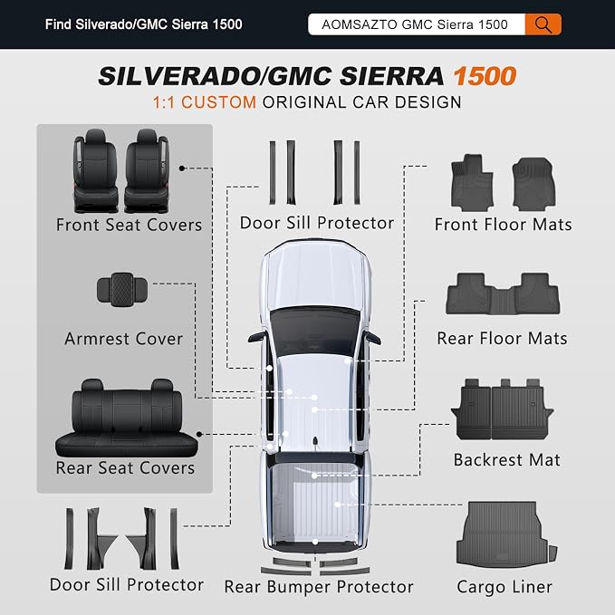 AOMSAZTO Car Seat Cover for Chevy Silverado/GMC Sierra 1500 (1999-2006) - Black with White Trim Full Set Seat Covers