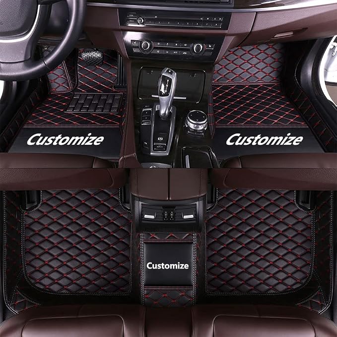 Custom Fit Car Floor Mats - Full Coverage Automotive Leather Floor Liners for Most Vehicles by MingyunSM (Black Red)