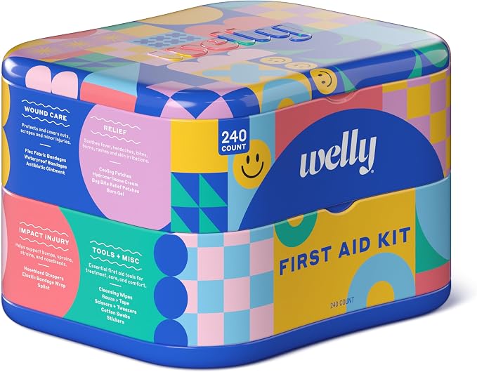Welly Comprehensive First Aid Kit - FSA Eligible - Adhesive Bandages, Tape and Non-Stick Pads, Butterfly Strips, Cleansing Wipes, Ointments, Gauze, and More - 240 Pieces