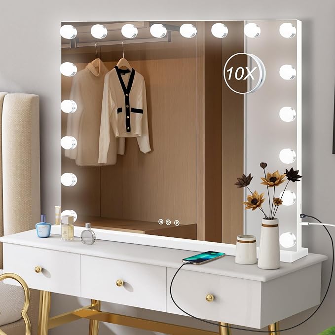 Moonee Vanity Mirror with Lights, Hollywood Lighted Makeup Mirror with 18 Dimmable Bulbs and 10X Magnification, 3 Colors Modes, Light Up Mirror, Gifts for Women, Girls,Dorm Room Essentials(32" x 24")