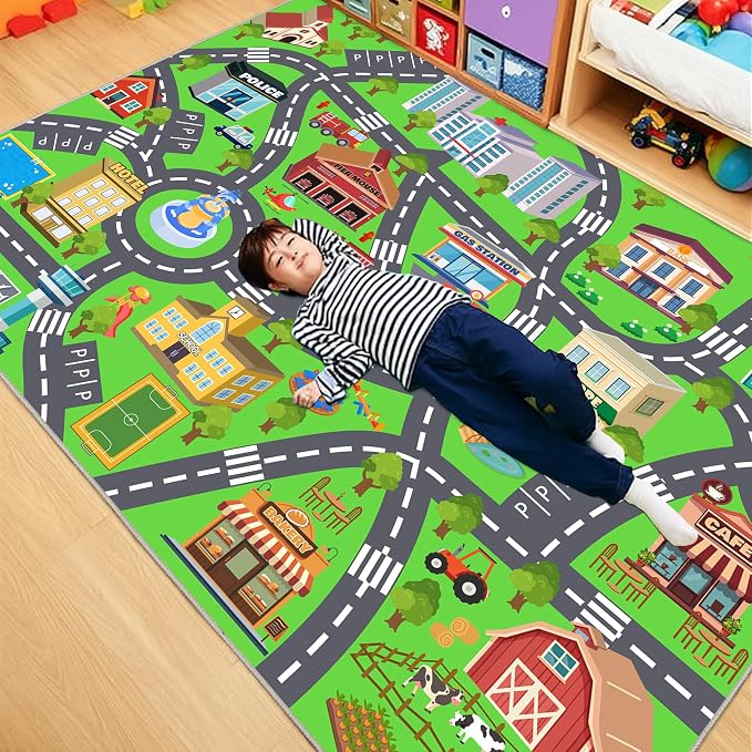 Kids Room Rug, Non-Slip 4x5ft Car Rug City Road Play Mat Rugs Playroom | Soft, Durable Childrens Road Carpet Playmat, Washable Kids Play Rug, for Classroom Bedroom Boys, Flame Resistant