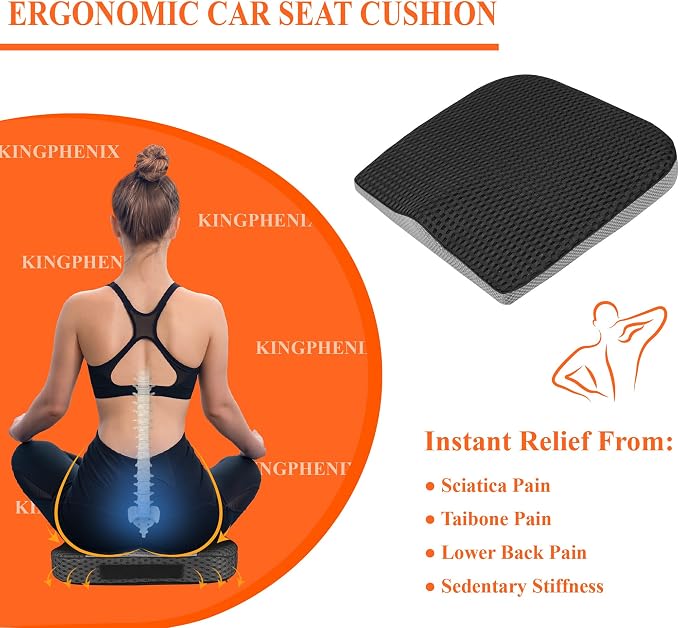 kingphenix Premium Car Seat Cushion, Memory Foam Driver Seat Cushion to Improve Driving View- Coccyx & Lower Back Pain Relief - Seat Cushion for Car, Truck, Office Chair (4D Mesh Classic Black)