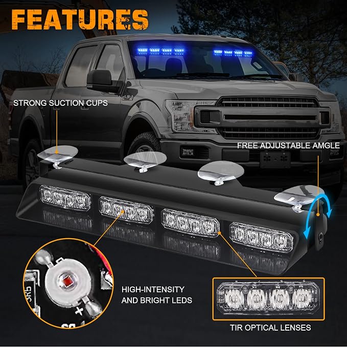 XRIDONSEN 2x 14 inch Blue Emergency Lights 32 LED Dash Strobe Lights | Interior Safety Flashing Warning Hazard Caution Front/Rear Windshield Light Bar w/ Controller for Vehicles Trucks Car