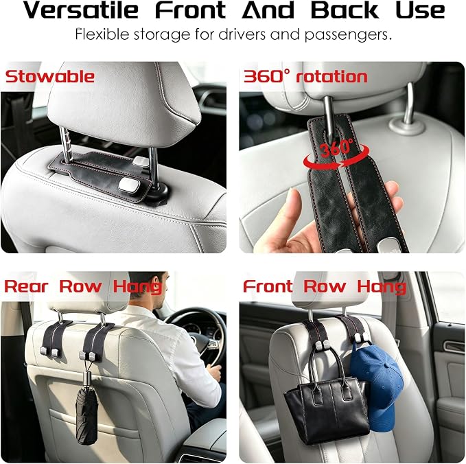Car Headrest Hook, Car Seat Headrest Hooks and Purse Hook for Car, Leather Seat Back Organizer with Phone Holder, Universal Hidden Storage for SUV/Truck (Light Blue-2Pack)