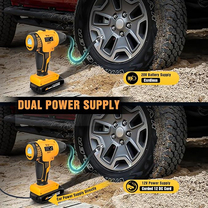 Nilight Cordless Tire Inflator Air Compressor Dual Power Supply 20V Rechargeable Battery Powered 150PSI Handheld Air Portable Pump with 12V Adapter Digital Pressure Gauge for Cars Motorcycles