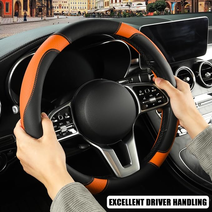 Black Orange Microfiber Leather D Shaped Steering Wheel Cover | Breathable Anti Slip Grip Cool Sporty Look Glow for Women Men