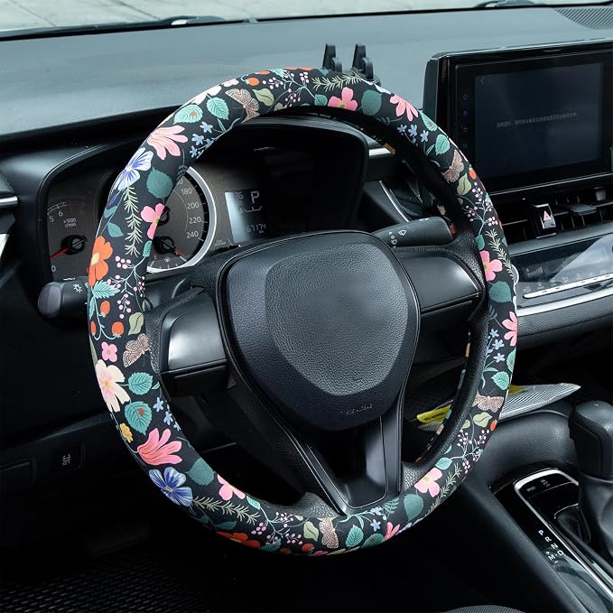Flowers and Strawberries Steering Wheel Cover Auto Steering Wheel Protector, Anti-Slip, Breathable, Absorbing Sweat, Universal Car Accessories 14.5–15 inch,Fit for Most Car, Trucks, SUV