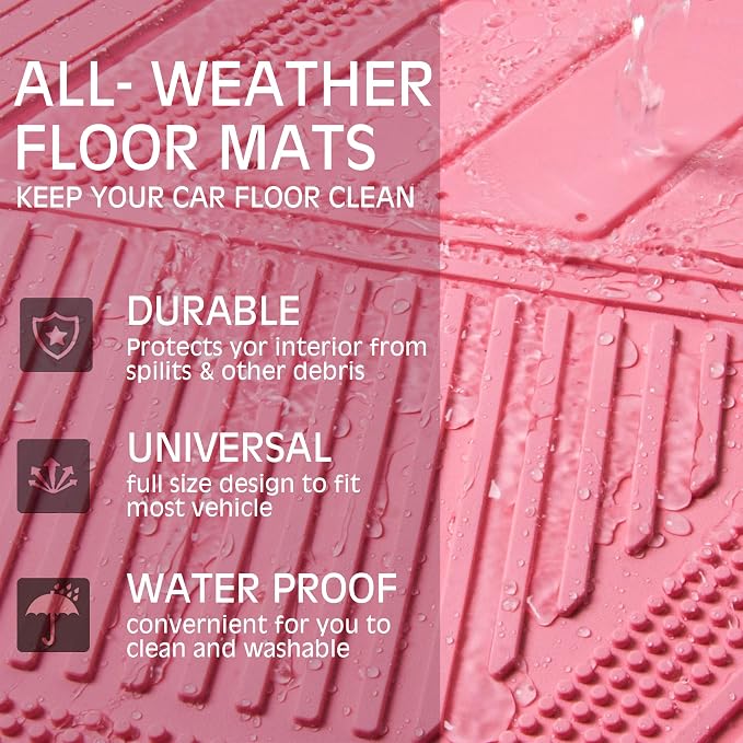 CAR PASS Heavy Duty Rubber Floor Mats 4-Piece,Pink Car Mats Full Sets Anti-Slip,Waterproof Universal Trim-to-Fit for Car SUV Truck, Durable All Weather Automotive Car Mats for Women,Girly(All Pink)