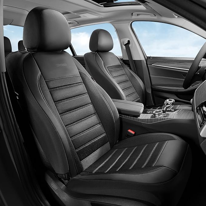 Coverado Car Seat Covers Full Set, Luxury Leather Car Seat Covers, Automotive Front and Rear Mesh Seat Covers, Full Set 5 Seats, Black Seat Covers for SUV Sedan Truck