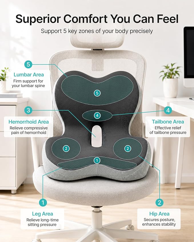 PEGZONE Seat Cushion with Lumbar Support, Memory Foam Cushion for Chair | Ergonomic Lumbar Support Pillow,Chair Cushion for Office , Car, – Orthopedic Pain Relief Cushion,For Back, Tailbone, Gray