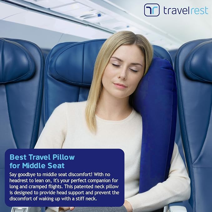 TRAVELREST Ultimate Travel Pillow & Body Pillow - Headrest, Auto, Bus, Train, Office Napping, Camping, Wheelchairs, Comfort and Support, Rolls Up, Straps to Airplane Seat & Car - Blue