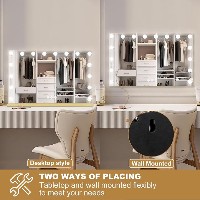 Moonee Vanity Mirror with Lights, Gold Hollywood Lighted Makeup Mirror with 17 Dimmable Bulbs and 10X Magnification, 3 Colors Modes, Aluminum Metal Frame, Light Up Mirror for Tabletop/Wall(26" x 20")