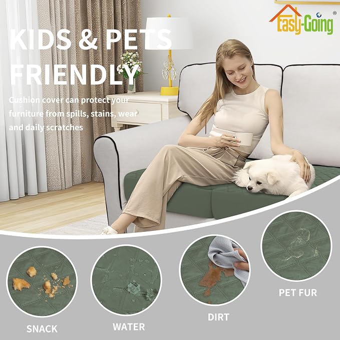 Easy-Going Waterproof Couch Cushion Covers, Non-Slip Leakproof Sofa Seat Cushion Slipcovers, Quilted and Stretch Furniture Protector for Dogs, Pets (3-Piece Sofa Cushion, Grayish Green)