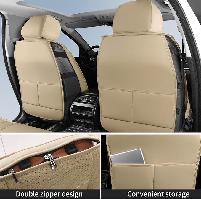 HChengkikz Nappa Leather Car Seat Covers Front Seats, Beige Car seat Protector, Waterproof Car Seat Cushion, Universal Automotive Seat Covers Fit for SUV Truck Pick-up Sedan and Most Cars | Easy Maintenance, Airbag Compatible, Universal Fit For Most SU...
