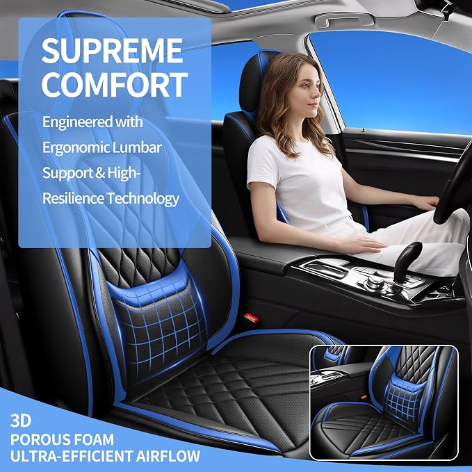 Fit Leaf Car Seat Covers Compatible with Nissan Leaf 2011-2024 2025 2026-Premium Leather,Waterproof,Breathable,Airbag Compatible &All-Weather Seat Cushion Protecto(Full Set,Blue)